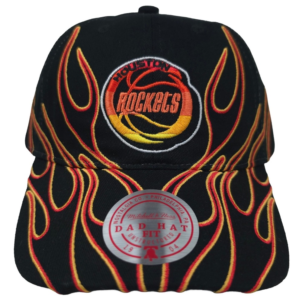 Houston Rockets Mitchell & Ness NBA Dad Hat Cap 3D Logo Embroidery Flames NWT